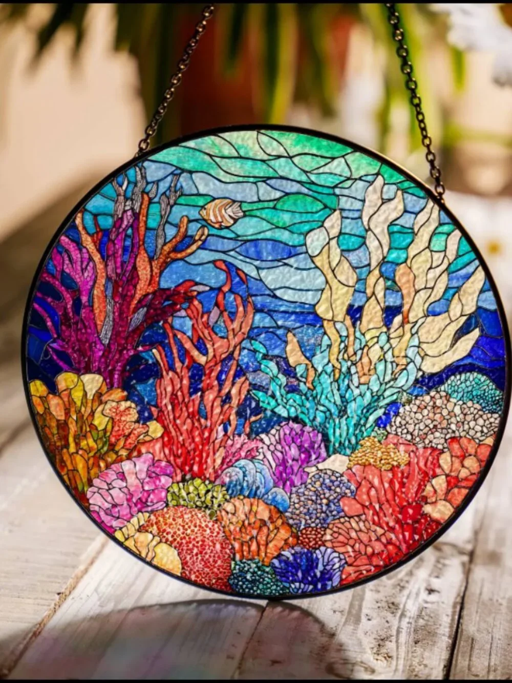 Coral Reef Stained Glass Suncatcher: Ocean Art Window Hanging